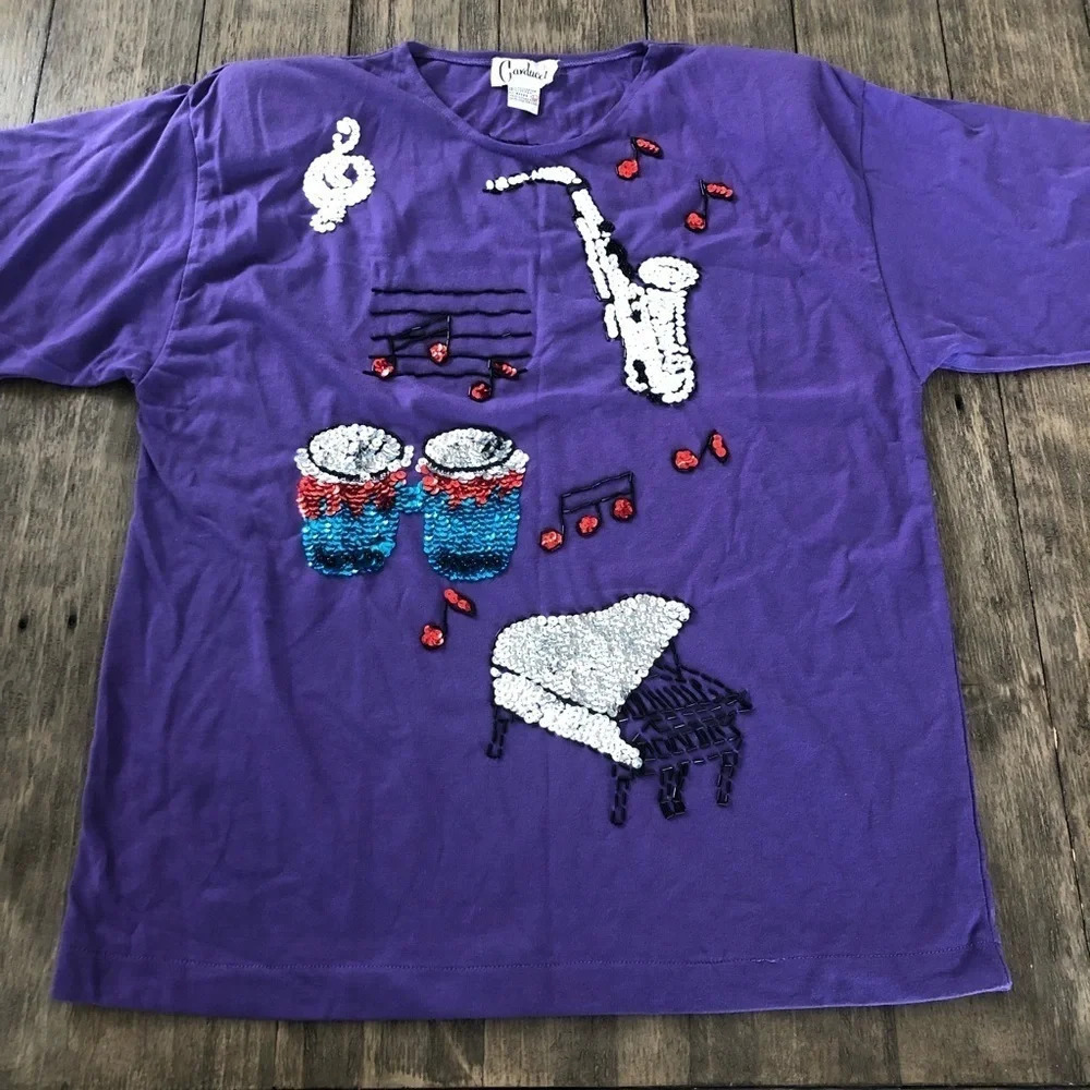 Vintage Carducci Purple Sequin Embellished Top Music Notes Piano Drums Saxophone